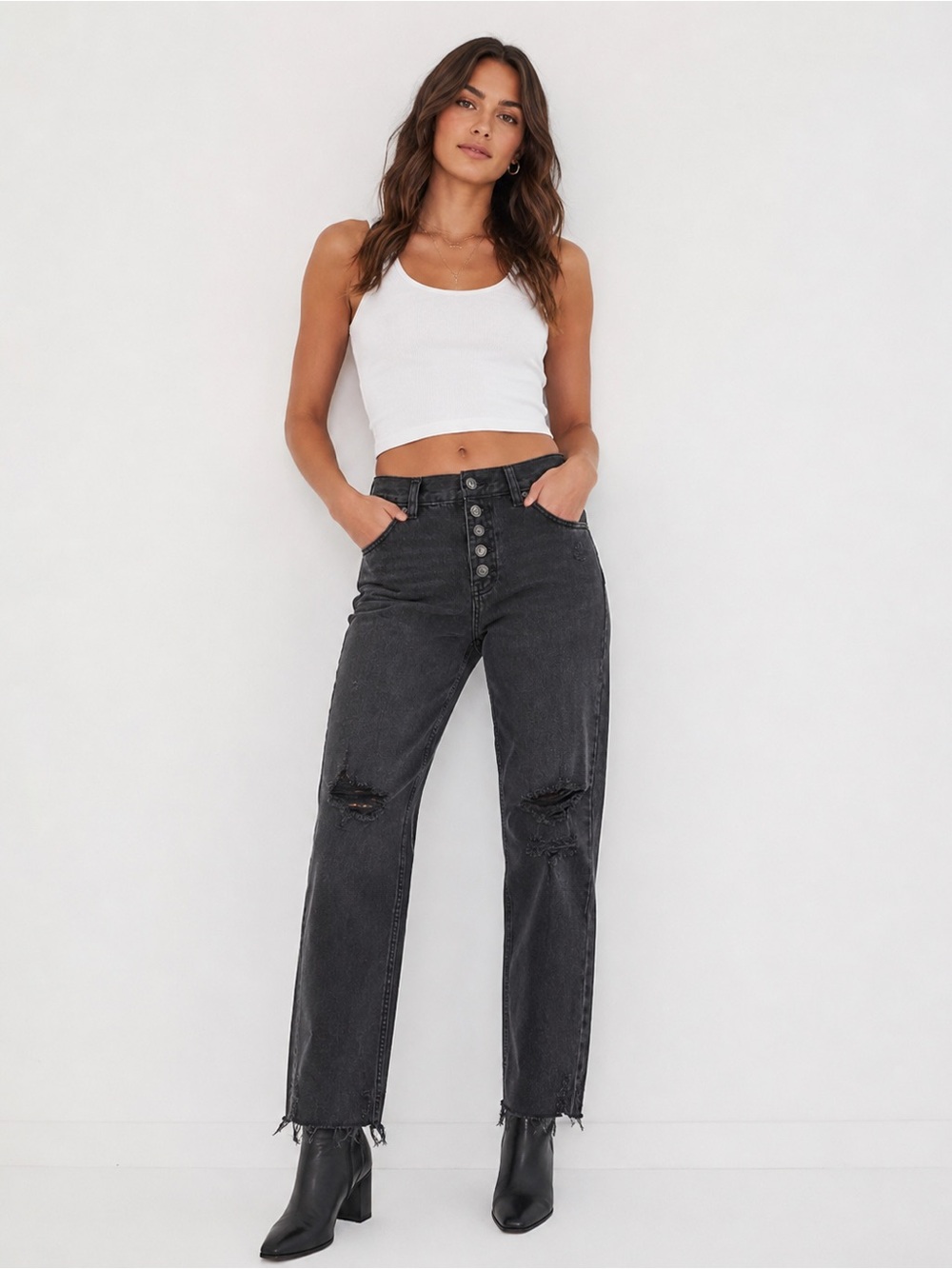 WE THE FREE Charcoal Black Distressed Straight Leg Jeans Raw Hem Button Fly 26